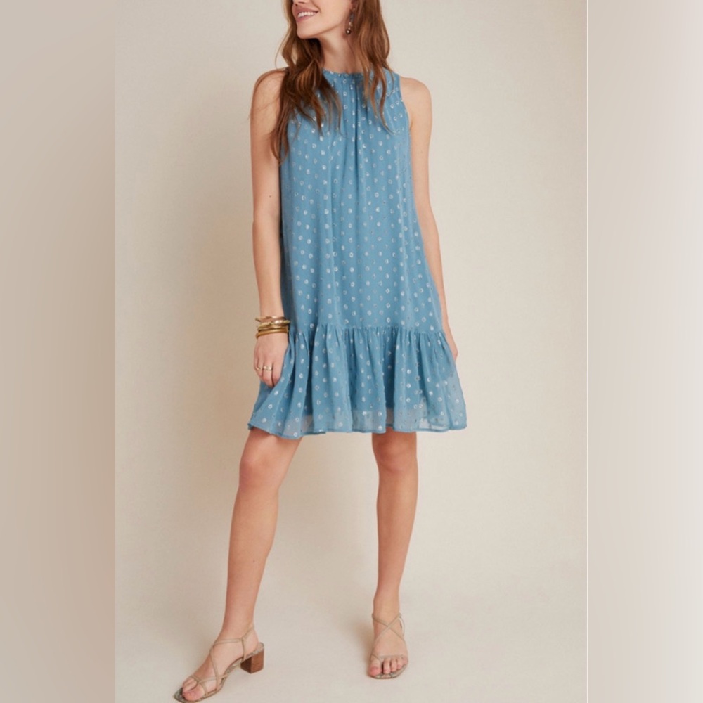 Anthropologie Natalie Flounced Tunic Dress NWT Blue Metallic Polka Dots L